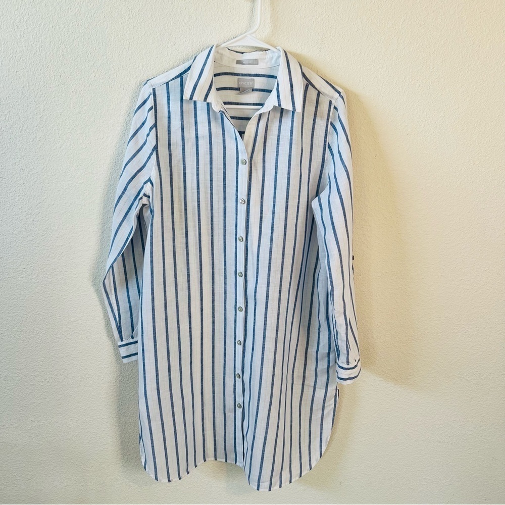 Linen Blue/Wht Stripe Maxi Tunic 3/4 Sleeve Size 8/10